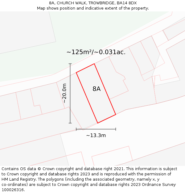 8A, CHURCH WALK, TROWBRIDGE, BA14 8DX: Plot and title map