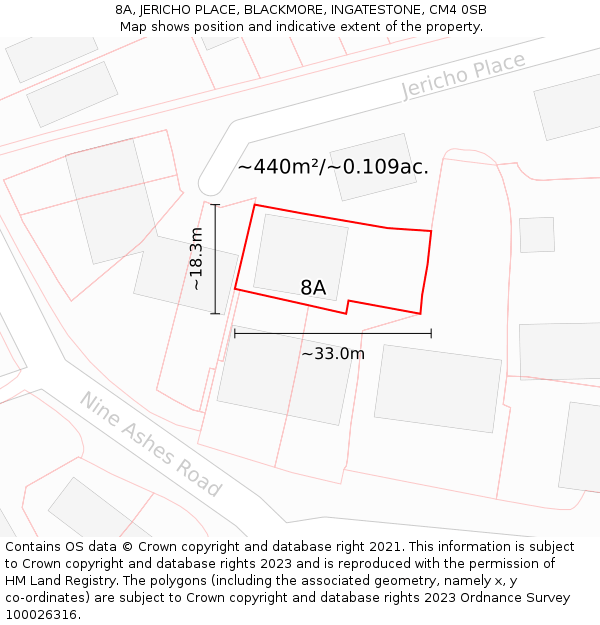 8A, JERICHO PLACE, BLACKMORE, INGATESTONE, CM4 0SB: Plot and title map