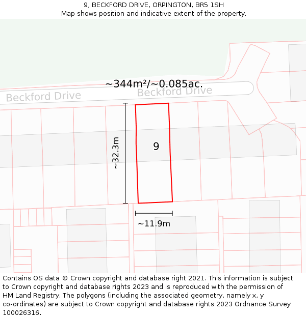 9, BECKFORD DRIVE, ORPINGTON, BR5 1SH: Plot and title map