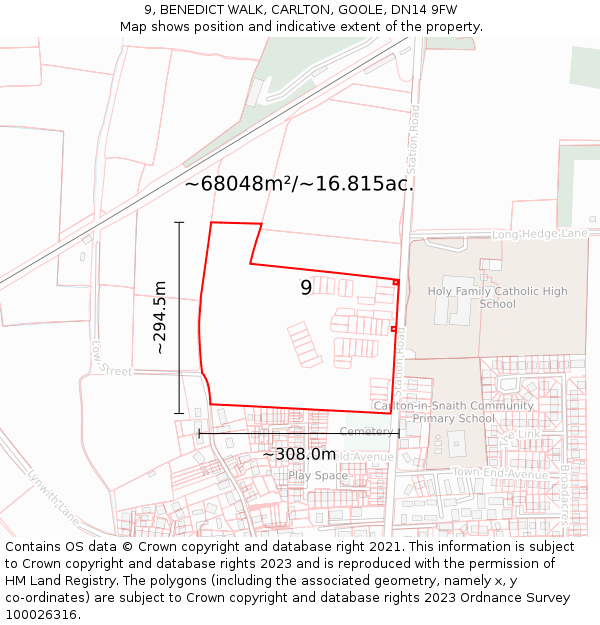 9, BENEDICT WALK, CARLTON, GOOLE, DN14 9FW: Plot and title map