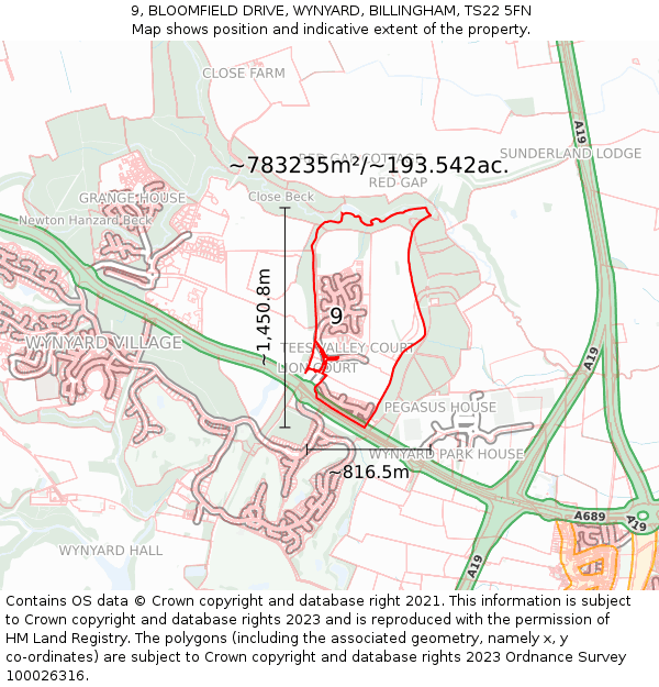 9, BLOOMFIELD DRIVE, WYNYARD, BILLINGHAM, TS22 5FN: Plot and title map