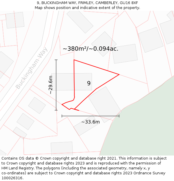 9, BUCKINGHAM WAY, FRIMLEY, CAMBERLEY, GU16 8XF: Plot and title map