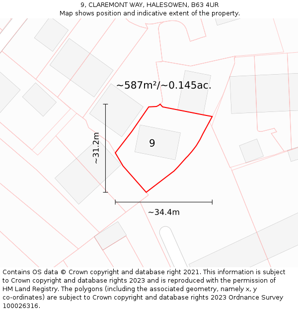 9, CLAREMONT WAY, HALESOWEN, B63 4UR: Plot and title map