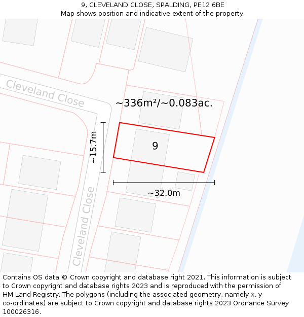 9, CLEVELAND CLOSE, SPALDING, PE12 6BE: Plot and title map