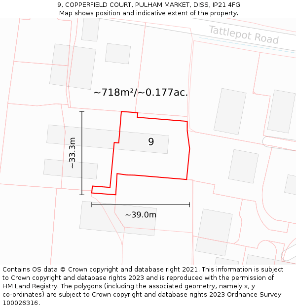 9, COPPERFIELD COURT, PULHAM MARKET, DISS, IP21 4FG: Plot and title map