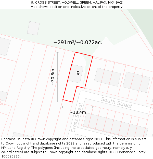 9, CROSS STREET, HOLYWELL GREEN, HALIFAX, HX4 9AZ: Plot and title map