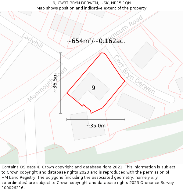 9, CWRT BRYN DERWEN, USK, NP15 1QN: Plot and title map