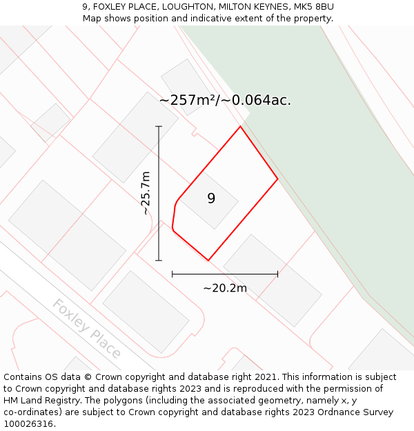 9, FOXLEY PLACE, LOUGHTON, MILTON KEYNES, MK5 8BU: Plot and title map