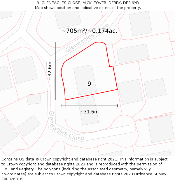 9, GLENEAGLES CLOSE, MICKLEOVER, DERBY, DE3 9YB: Plot and title map