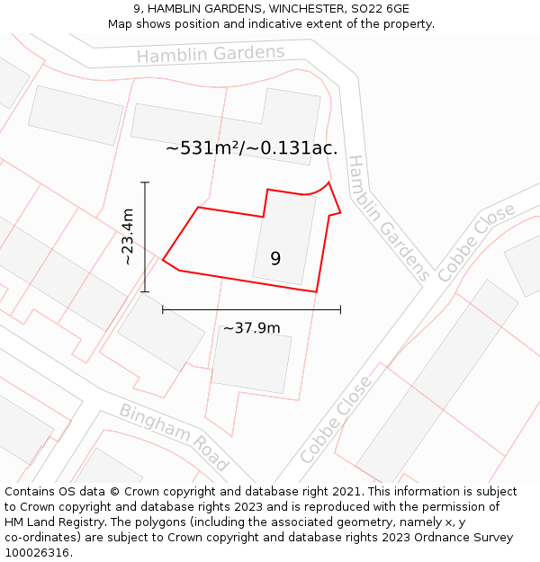 9, HAMBLIN GARDENS, WINCHESTER, SO22 6GE: Plot and title map