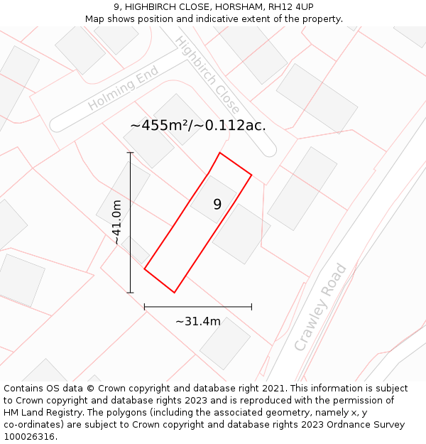 9, HIGHBIRCH CLOSE, HORSHAM, RH12 4UP: Plot and title map