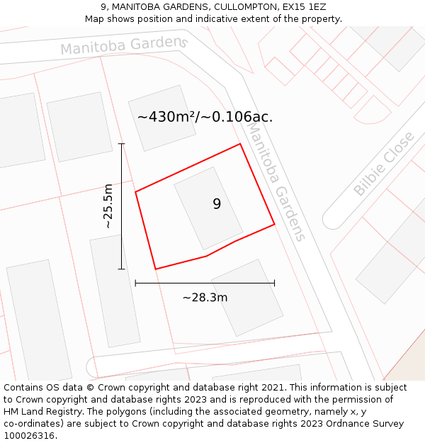 9, MANITOBA GARDENS, CULLOMPTON, EX15 1EZ: Plot and title map