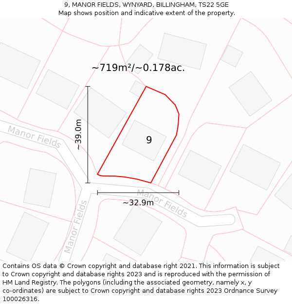 9, MANOR FIELDS, WYNYARD, BILLINGHAM, TS22 5GE: Plot and title map