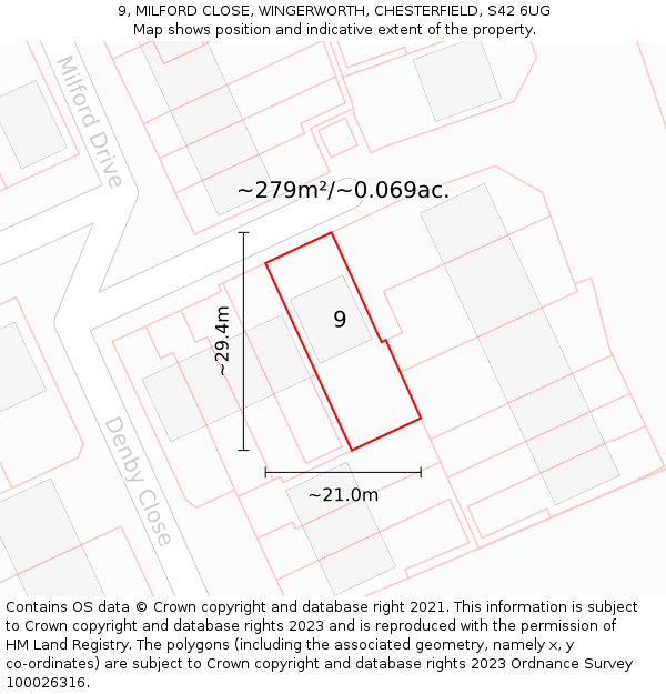 9, MILFORD CLOSE, WINGERWORTH, CHESTERFIELD, S42 6UG: Plot and title map