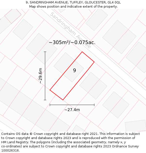 9, SANDRINGHAM AVENUE, TUFFLEY, GLOUCESTER, GL4 0QL: Plot and title map