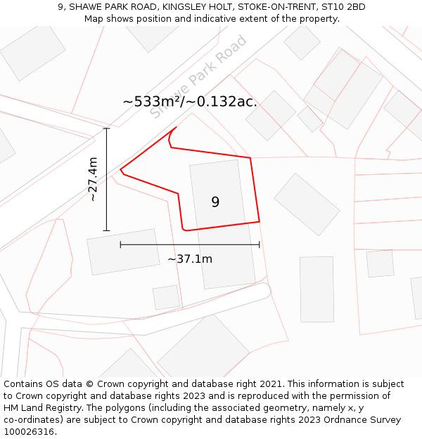 9, SHAWE PARK ROAD, KINGSLEY HOLT, STOKE-ON-TRENT, ST10 2BD: Plot and title map