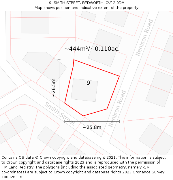 9, SMITH STREET, BEDWORTH, CV12 0DA: Plot and title map