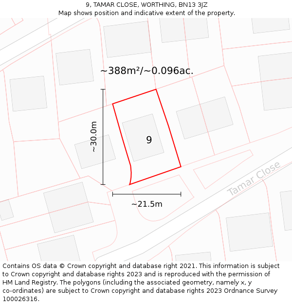 9, TAMAR CLOSE, WORTHING, BN13 3JZ: Plot and title map