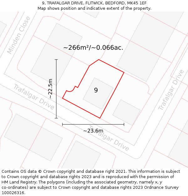 9, TRAFALGAR DRIVE, FLITWICK, BEDFORD, MK45 1EF: Plot and title map