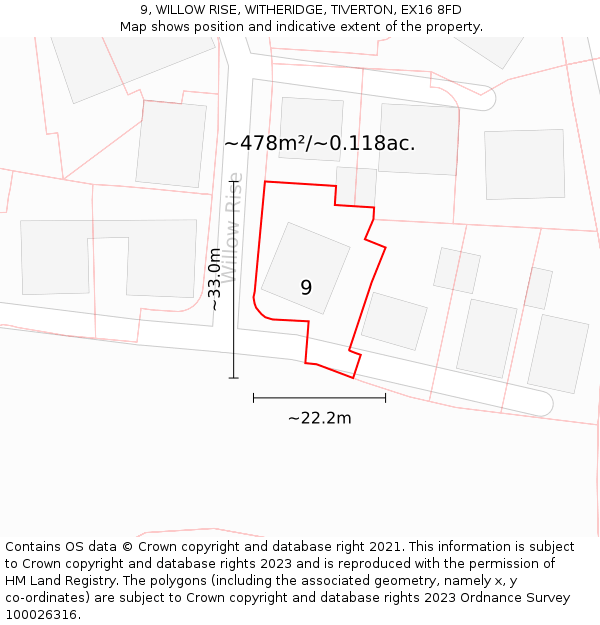 9, WILLOW RISE, WITHERIDGE, TIVERTON, EX16 8FD: Plot and title map