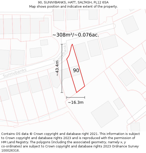 90, SUNNYBANKS, HATT, SALTASH, PL12 6SA: Plot and title map