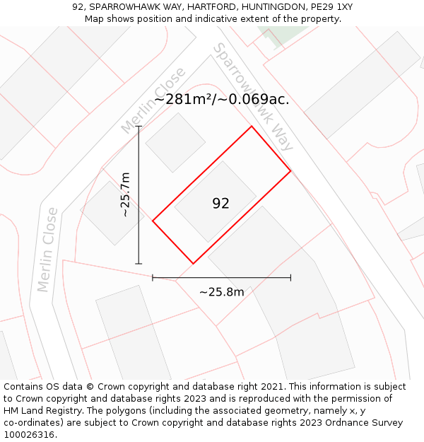 92, SPARROWHAWK WAY, HARTFORD, HUNTINGDON, PE29 1XY: Plot and title map