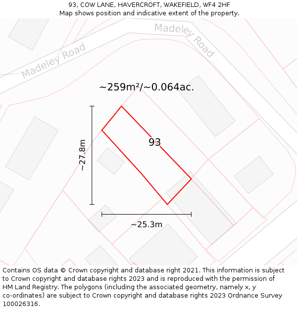 93, COW LANE, HAVERCROFT, WAKEFIELD, WF4 2HF: Plot and title map