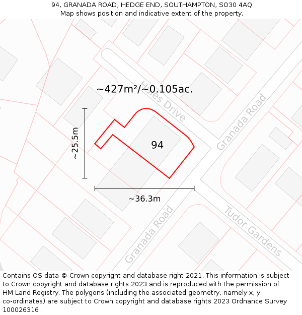 94, GRANADA ROAD, HEDGE END, SOUTHAMPTON, SO30 4AQ: Plot and title map