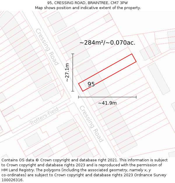 95, CRESSING ROAD, BRAINTREE, CM7 3PW: Plot and title map