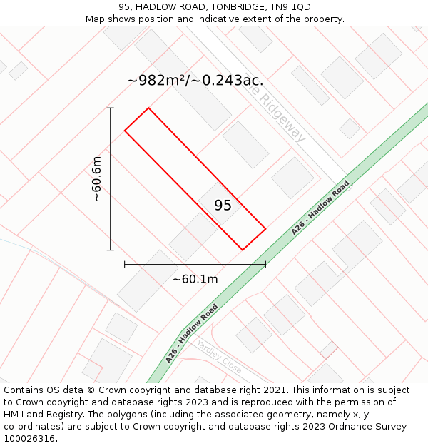 95, HADLOW ROAD, TONBRIDGE, TN9 1QD: Plot and title map