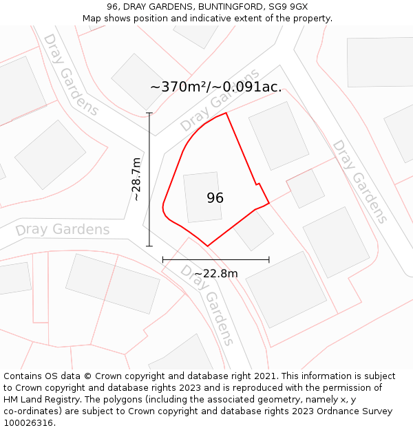 96, DRAY GARDENS, BUNTINGFORD, SG9 9GX: Plot and title map