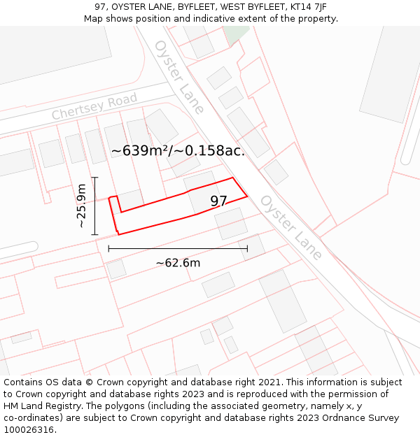 97, OYSTER LANE, BYFLEET, WEST BYFLEET, KT14 7JF: Plot and title map