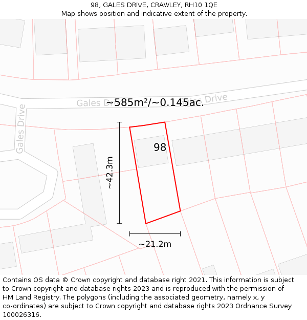 98, GALES DRIVE, CRAWLEY, RH10 1QE: Plot and title map