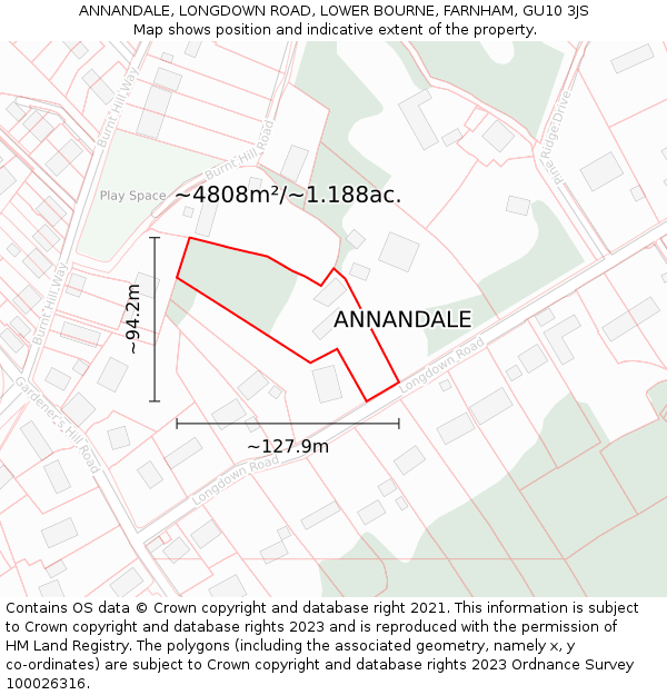 ANNANDALE, LONGDOWN ROAD, LOWER BOURNE, FARNHAM, GU10 3JS: Plot and title map