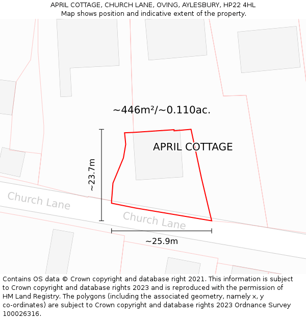 APRIL COTTAGE, CHURCH LANE, OVING, AYLESBURY, HP22 4HL: Plot and title map