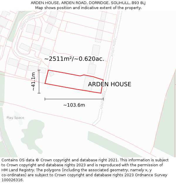 ARDEN HOUSE, ARDEN ROAD, DORRIDGE, SOLIHULL, B93 8LJ: Plot and title map