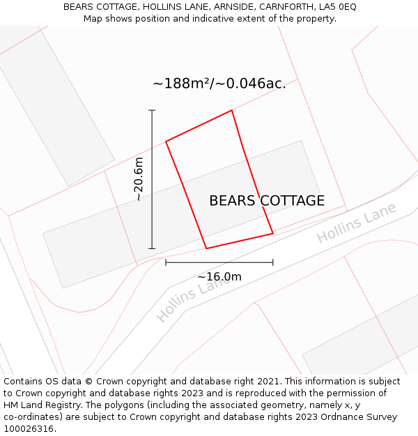 BEARS COTTAGE, HOLLINS LANE, ARNSIDE, CARNFORTH, LA5 0EQ: Plot and title map