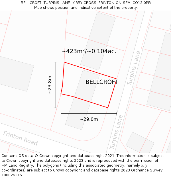 BELLCROFT, TURPINS LANE, KIRBY CROSS, FRINTON-ON-SEA, CO13 0PB: Plot and title map