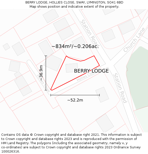 BERRY LODGE, HOLLIES CLOSE, SWAY, LYMINGTON, SO41 6BD: Plot and title map