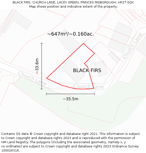 BLACK FIRS, CHURCH LANE, LACEY GREEN, PRINCES RISBOROUGH, HP27 0QX: Plot and title map