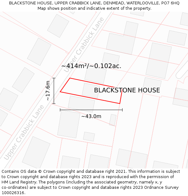 BLACKSTONE HOUSE, UPPER CRABBICK LANE, DENMEAD, WATERLOOVILLE, PO7 6HQ: Plot and title map