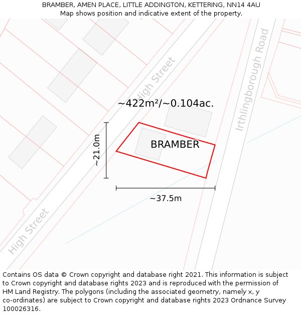 BRAMBER, AMEN PLACE, LITTLE ADDINGTON, KETTERING, NN14 4AU: Plot and title map