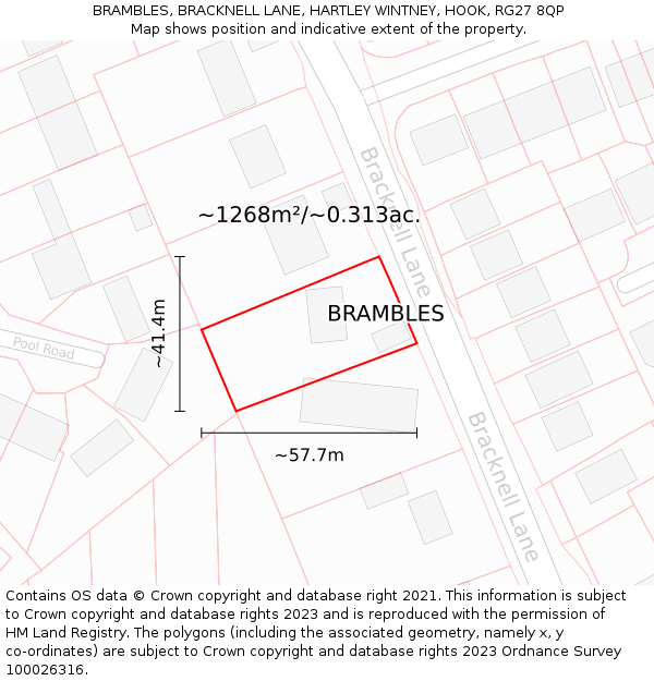 BRAMBLES, BRACKNELL LANE, HARTLEY WINTNEY, HOOK, RG27 8QP: Plot and title map