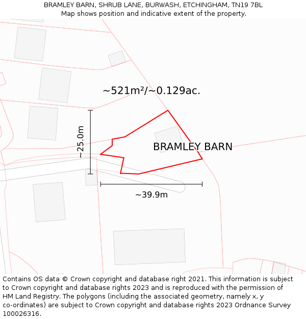 BRAMLEY BARN, SHRUB LANE, BURWASH, ETCHINGHAM, TN19 7BL: Plot and title map