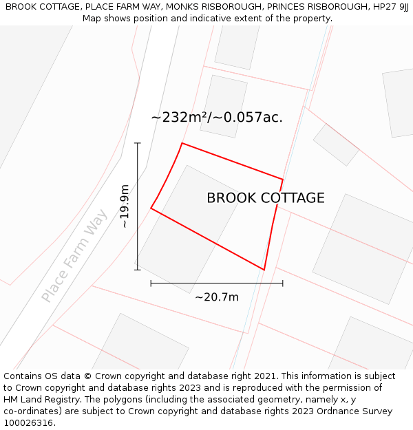 BROOK COTTAGE, PLACE FARM WAY, MONKS RISBOROUGH, PRINCES RISBOROUGH, HP27 9JJ: Plot and title map