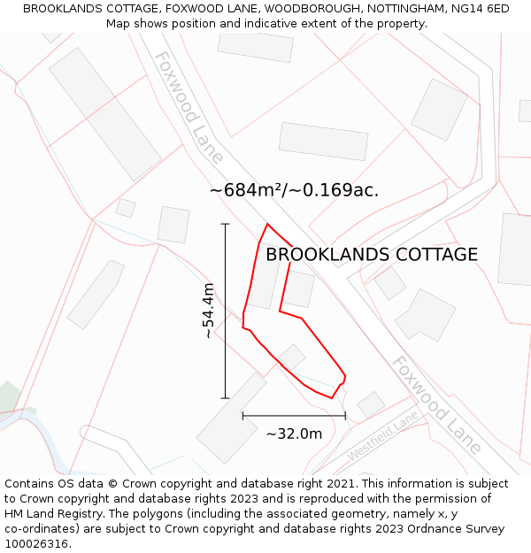 BROOKLANDS COTTAGE, FOXWOOD LANE, WOODBOROUGH, NOTTINGHAM, NG14 6ED: Plot and title map