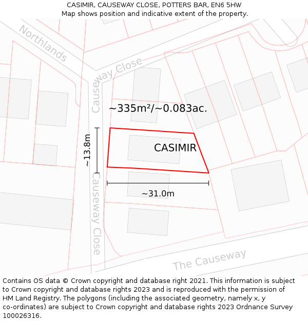 CASIMIR, CAUSEWAY CLOSE, POTTERS BAR, EN6 5HW: Plot and title map