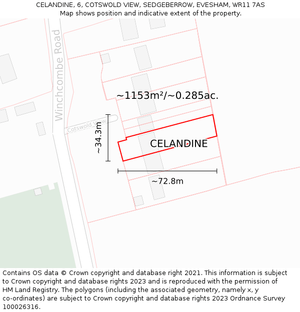 CELANDINE, 6, COTSWOLD VIEW, SEDGEBERROW, EVESHAM, WR11 7AS: Plot and title map