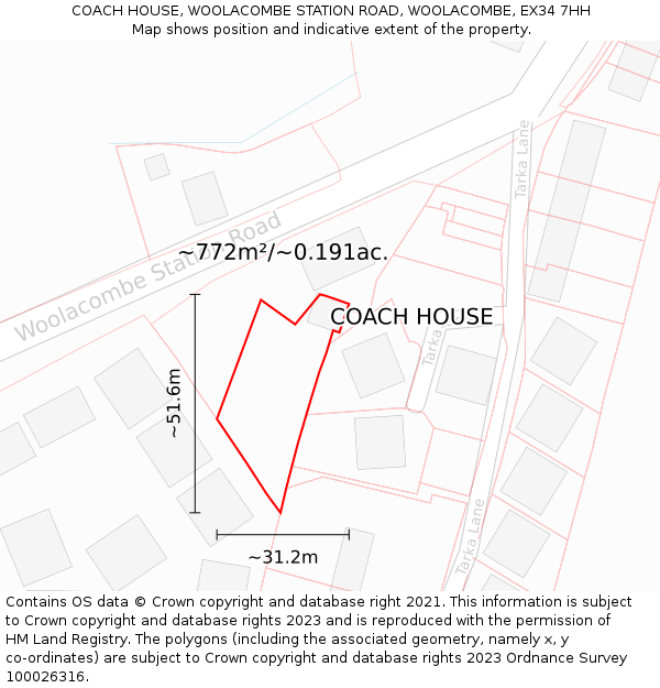 COACH HOUSE, WOOLACOMBE STATION ROAD, WOOLACOMBE, EX34 7HH: Plot and title map