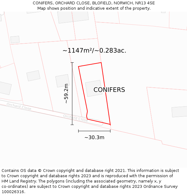 CONIFERS, ORCHARD CLOSE, BLOFIELD, NORWICH, NR13 4SE: Plot and title map